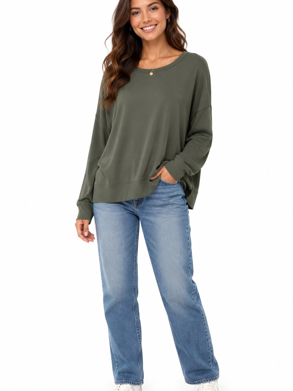 (A6) Nordstrom FOUND Los Angeles Olive Green Oversized Long Sleeve Shirt, Size L